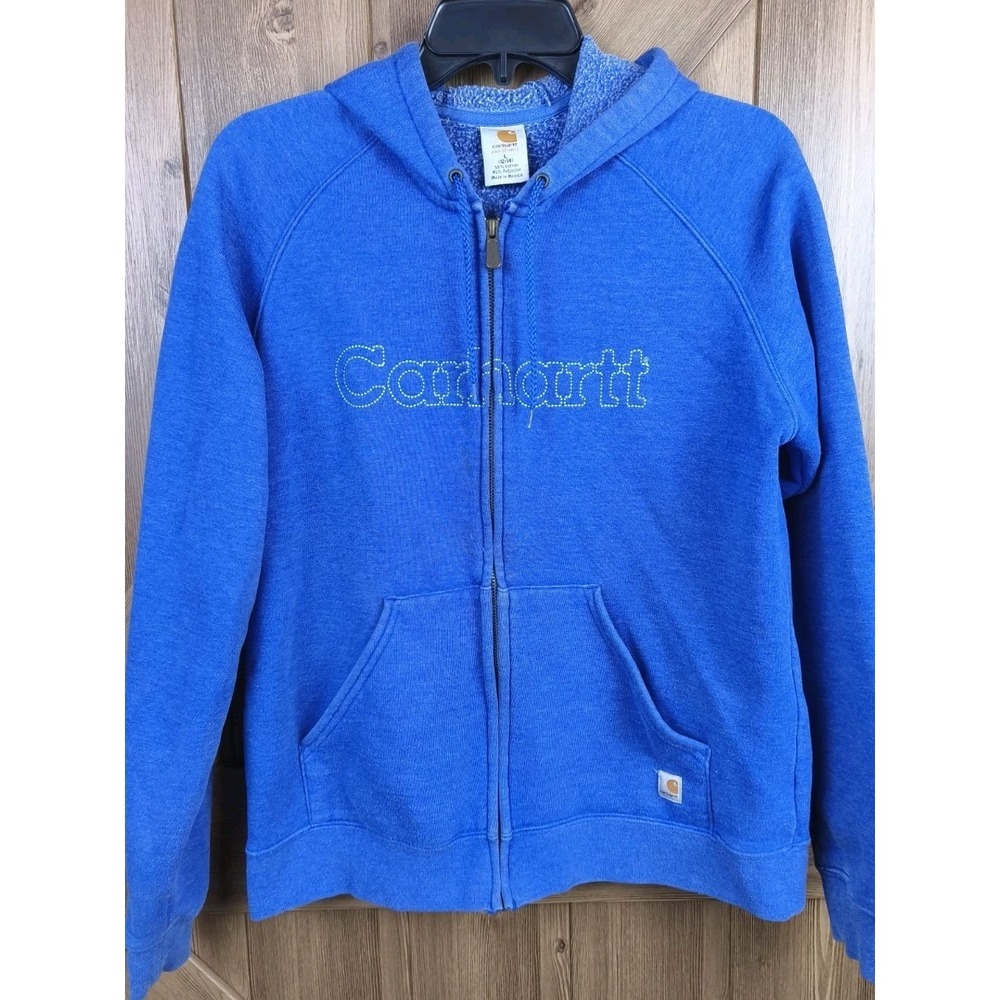 Carhartt Women Blue Full Zip Hoodie Embroidered Logo Sweatshirt‎ Large L 12/14